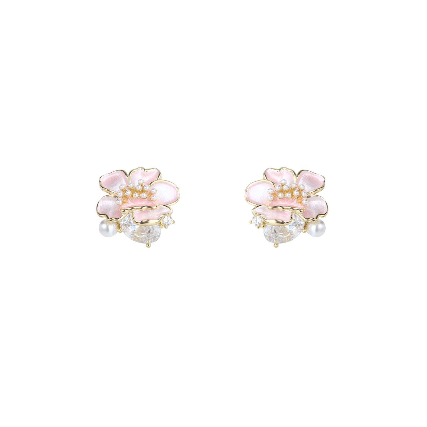 Pink floral stud earrings in S925 silver with a sparkling zirconia center and a dangling white pearl charm