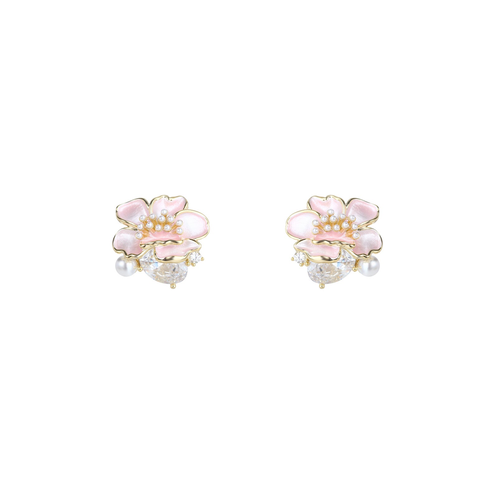 Pink floral stud earrings in S925 silver with a sparkling zirconia center and a dangling white pearl charm