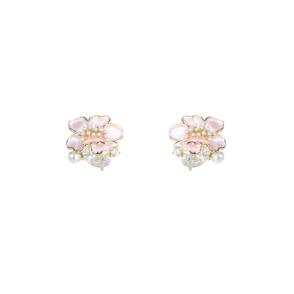 Pink floral stud earrings in S925 silver with a sparkling zirconia center and a dangling white pearl charm