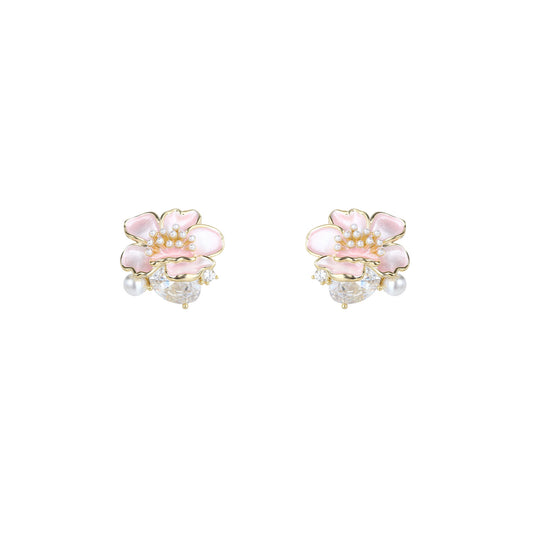Pink floral stud earrings in S925 silver with a sparkling zirconia center and a dangling white pearl charm