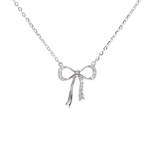 Minimalist S925 sterling silver bowknot pendant necklace featuring a delicate ribbon design for a romantic look