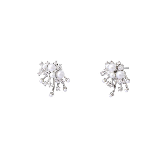 S925 sterling silver drop earrings featuring a sparkling round zirconia stud and a dangling lustrous white pearl