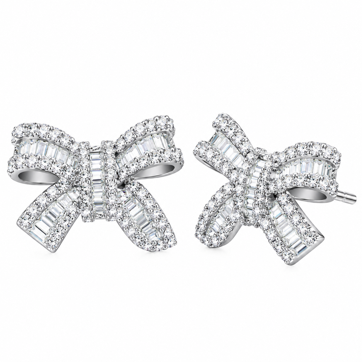 Silver bowknot stud earrings featuring a delicate ribbon design fully set with sparkling clear zirconia stones
