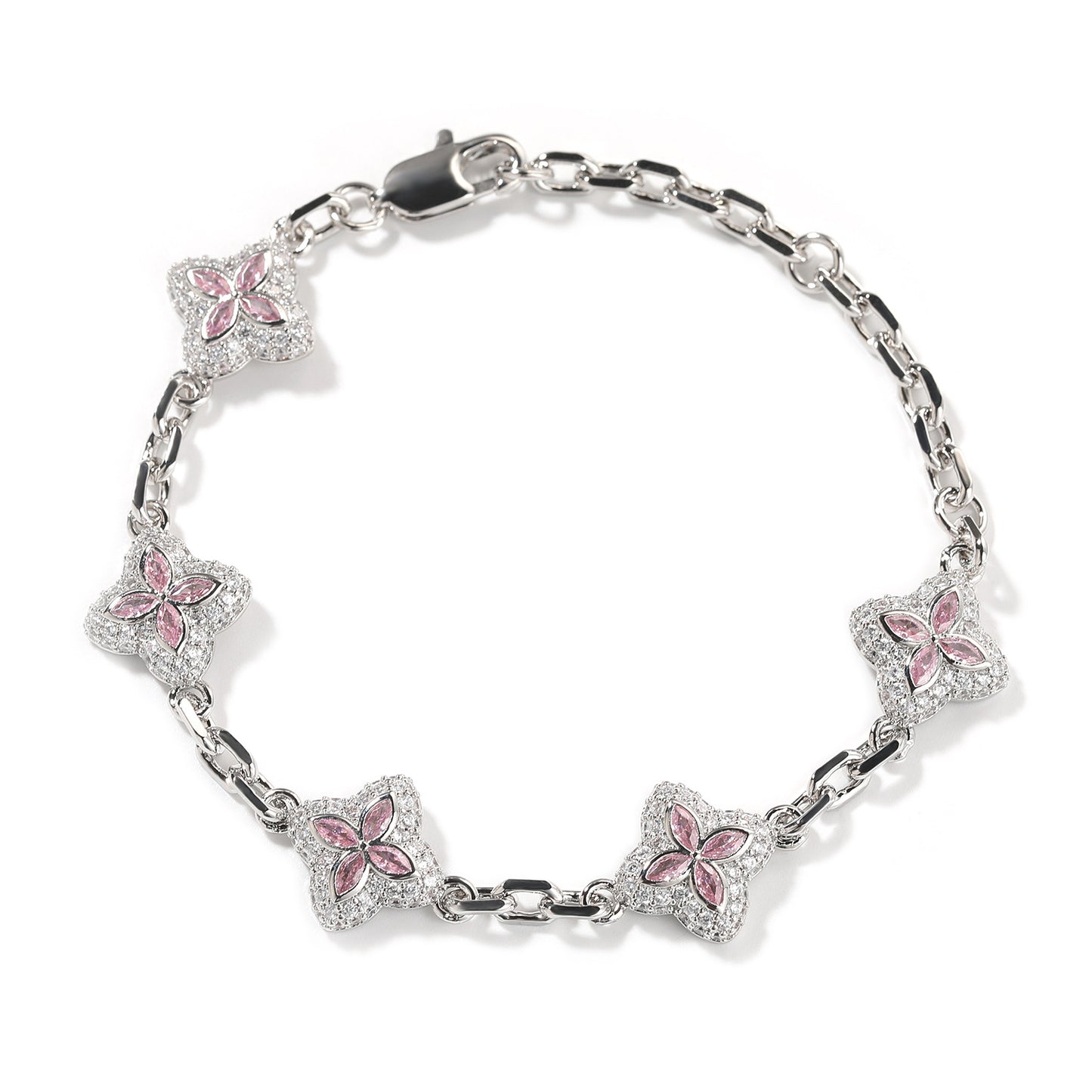 Elegant silver four-leaf clover bangle with pink and green gemstone centers surrounded by a sparkling zirconia halo