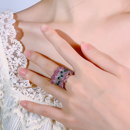 Bold Silver Irregular Ripple Statement Ring with Shimmering Zircon Pavé in a Modern Abstract Design