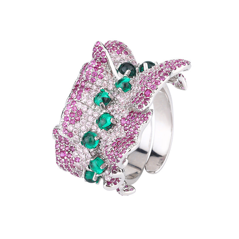 Bold Silver Irregular Ripple Statement Ring with Shimmering Zircon Pavé in a Modern Abstract Design