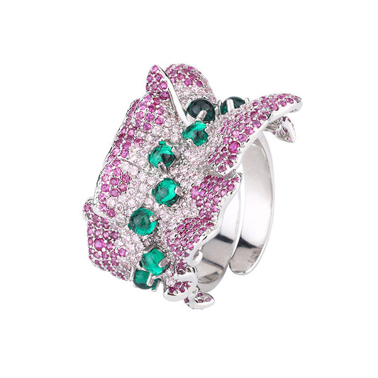 Bold Silver Irregular Ripple Statement Ring with Shimmering Zircon Pavé in a Modern Abstract Design