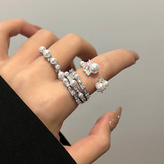 Elegant Silver Layered Open Ring Featuring Sparkling Zircon Clusters and Pearl Accents