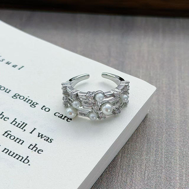 Elegant Silver Layered Open Ring Featuring Sparkling Zircon Clusters and Pearl Accents