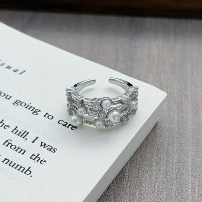Elegant Silver Layered Open Ring Featuring Sparkling Zircon Clusters and Pearl Accents