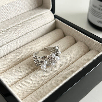 Elegant Silver Layered Open Ring Featuring Sparkling Zircon Clusters and Pearl Accents