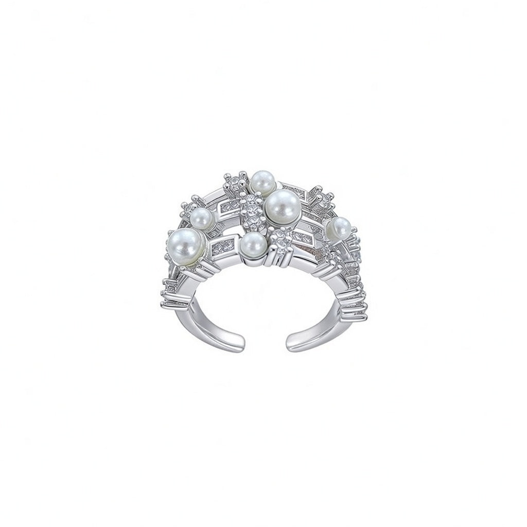 Elegant Silver Layered Open Ring Featuring Sparkling Zircon Clusters and Pearl Accents
