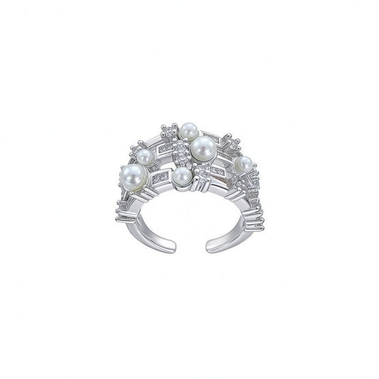 Elegant Silver Layered Open Ring Featuring Sparkling Zircon Clusters and Pearl Accents