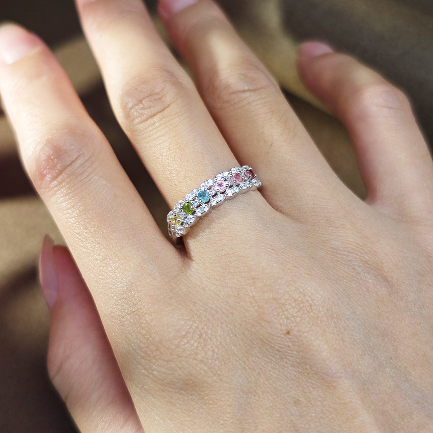 Elegant Silver Open Ring featuring Vibrant Multicolor Gemstones and Sparkling Zircon Accents in a Modern Adjustable Band