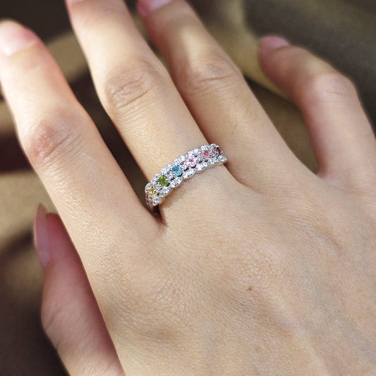 Elegant Silver Open Ring featuring Vibrant Multicolor Gemstones and Sparkling Zircon Accents in a Modern Adjustable Band