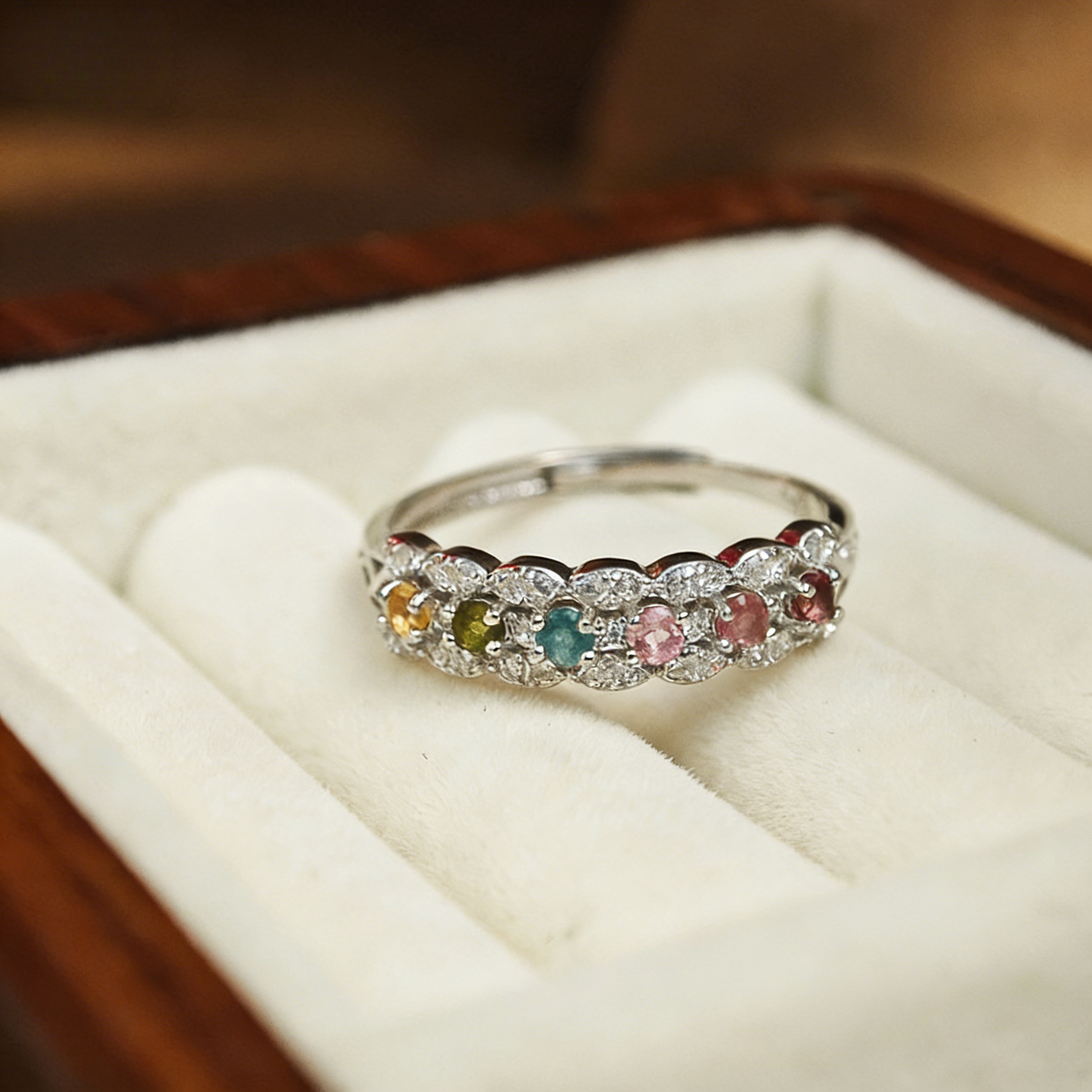 Elegant Silver Open Ring featuring Vibrant Multicolor Gemstones and Sparkling Zircon Accents in a Modern Adjustable Band