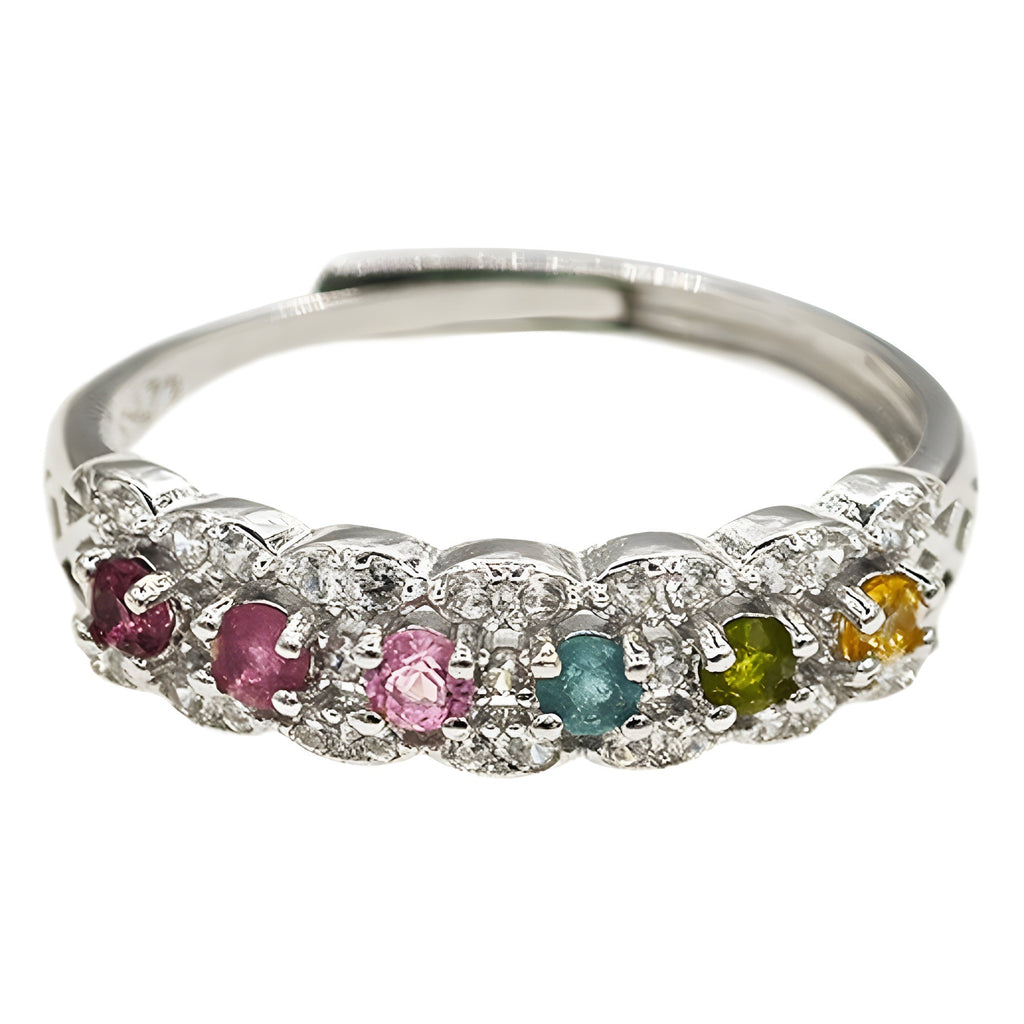 Elegant Silver Open Ring featuring Vibrant Multicolor Gemstones and Sparkling Zircon Accents in a Modern Adjustable Band