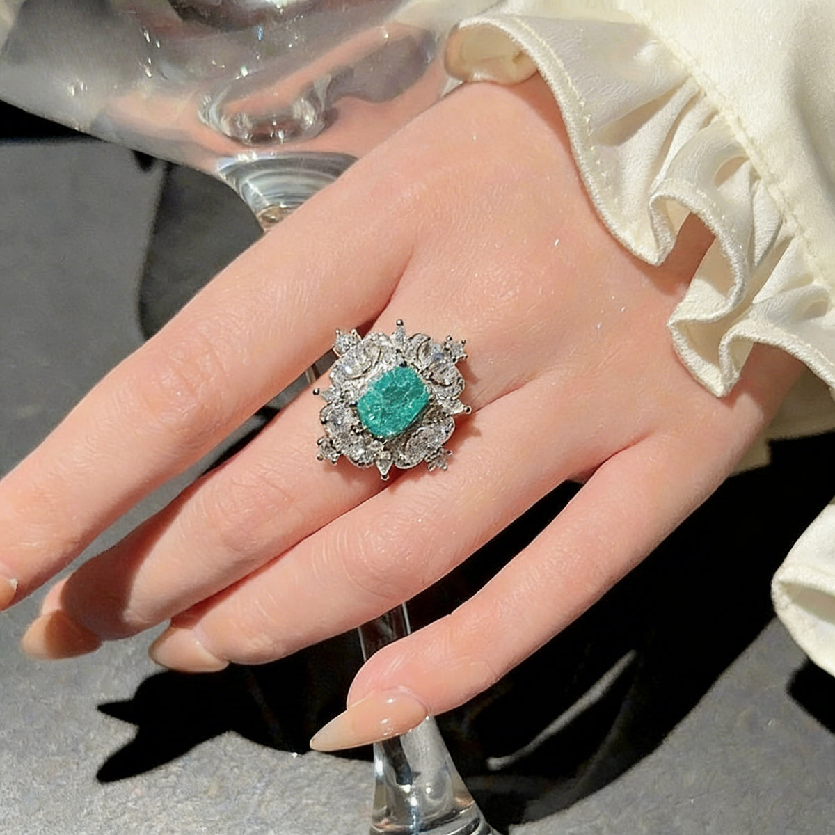 Vintage Silver Open Ring featuring a Round Peacock Green Crackle Stone encircled by a Shimmering Zircon Halo