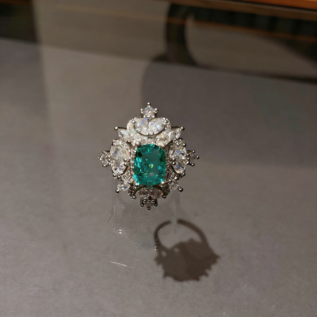 Vintage Silver Open Ring featuring a Round Peacock Green Crackle Stone encircled by a Shimmering Zircon Halo