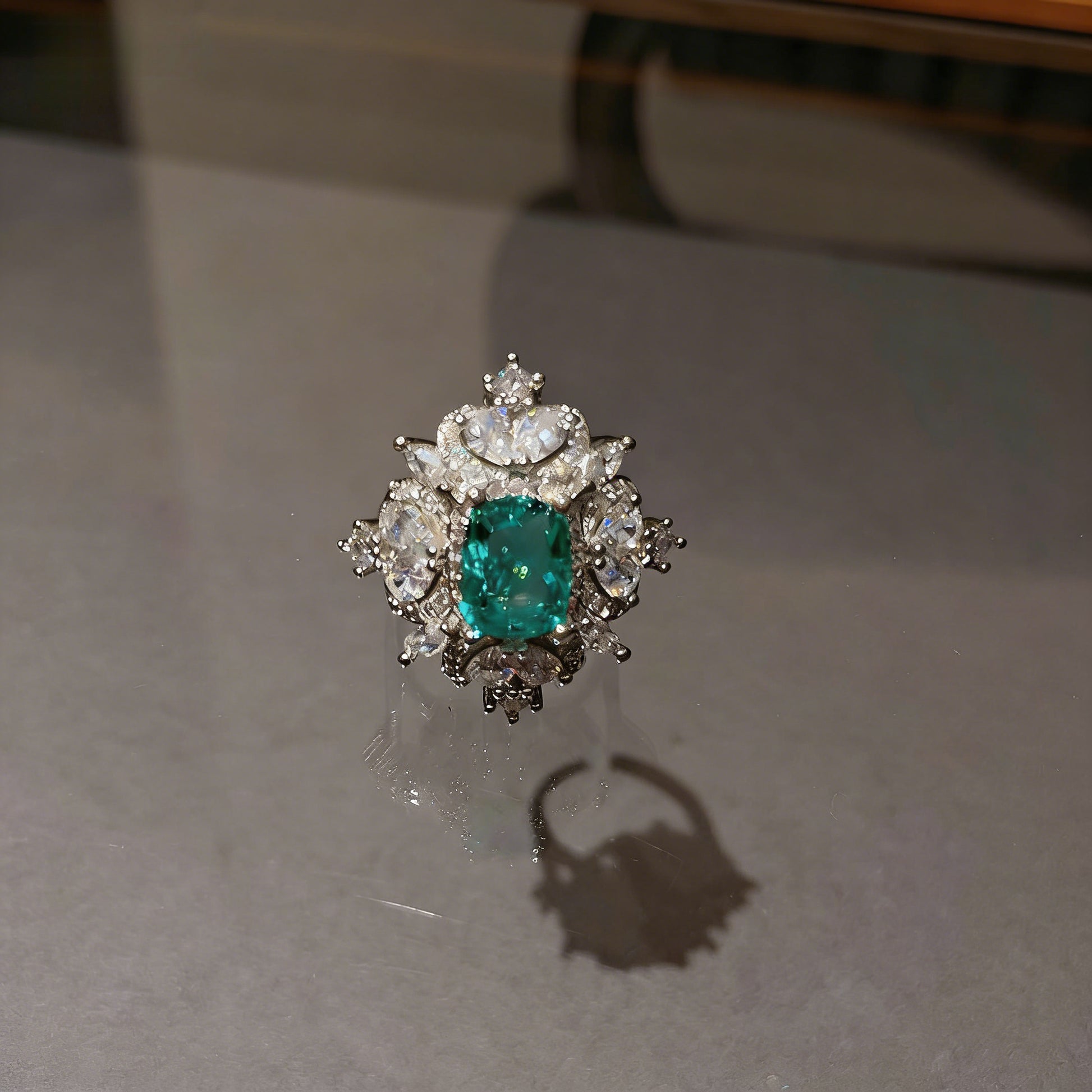 Vintage Silver Open Ring featuring a Round Peacock Green Crackle Stone encircled by a Shimmering Zircon Halo