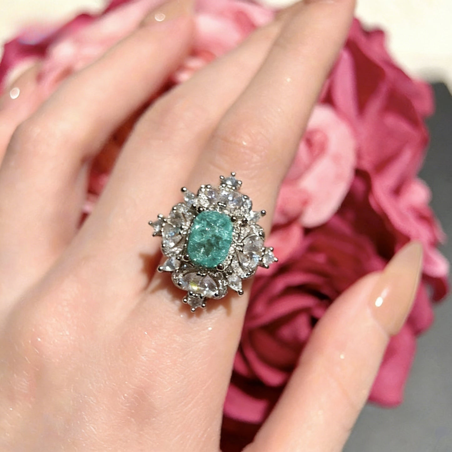 Vintage Silver Open Ring featuring a Round Peacock Green Crackle Stone encircled by a Shimmering Zircon Halo