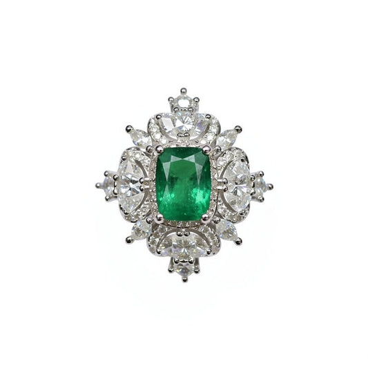 Vintage Silver Open Ring featuring a Round Peacock Green Crackle Stone encircled by a Shimmering Zircon Halo