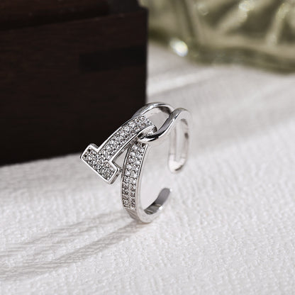 Personalized Letter T Initial Open Ring in 18K Gold Plated Band with Sparkling Zircon