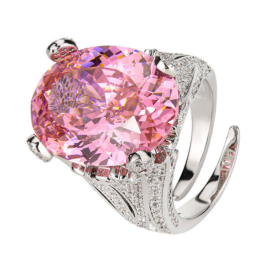 Romantic silver Open Ring featuring a Vibrant Pink Cubic Zirconia Stone and Sparkling Twisted Rope Band Design