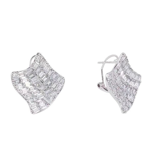 Silver huggie hoop earrings with a continuous row of sparkling clear zirconia stones in a pave setting