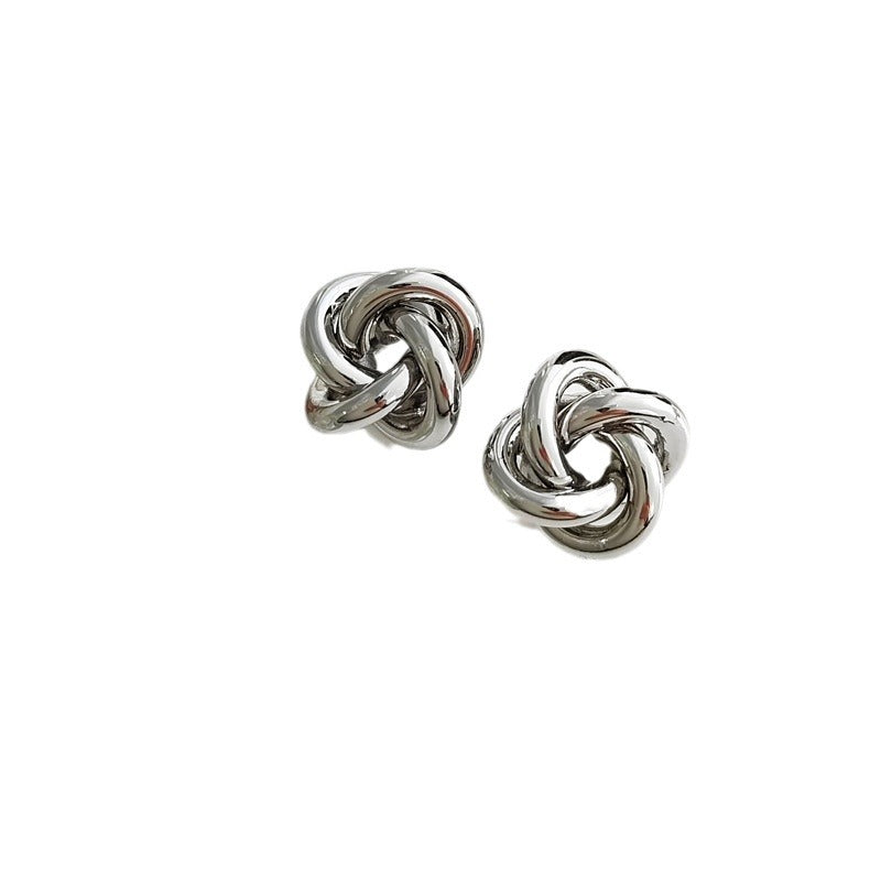 Bold gold  Stainless steel jewelry multi-strand interwoven love knot stud earrings with hollow woven texture.