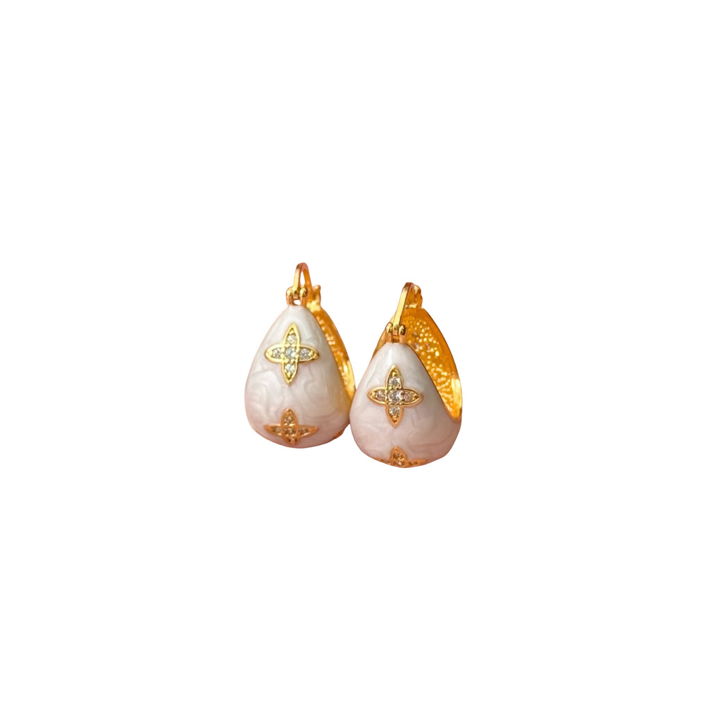 Chunky Stainless steel jewelry teardrop white enamel huggie hoop earrings inlaid with gold cz crystal pave four-leaf clover motifs