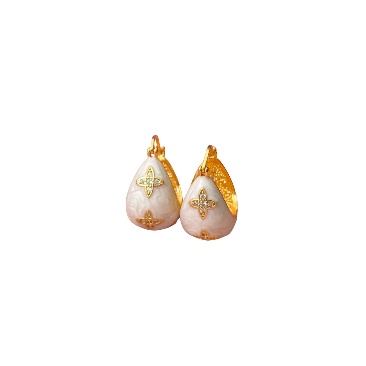 Chunky Stainless steel jewelry teardrop white enamel huggie hoop earrings inlaid with gold cz crystal pave four-leaf clover motifs