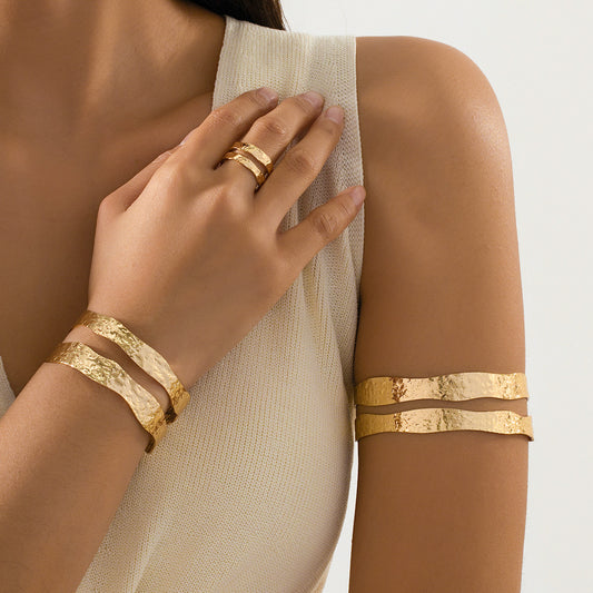 Textured Gold Double Layer Open Cuff Bracelet on wrist
