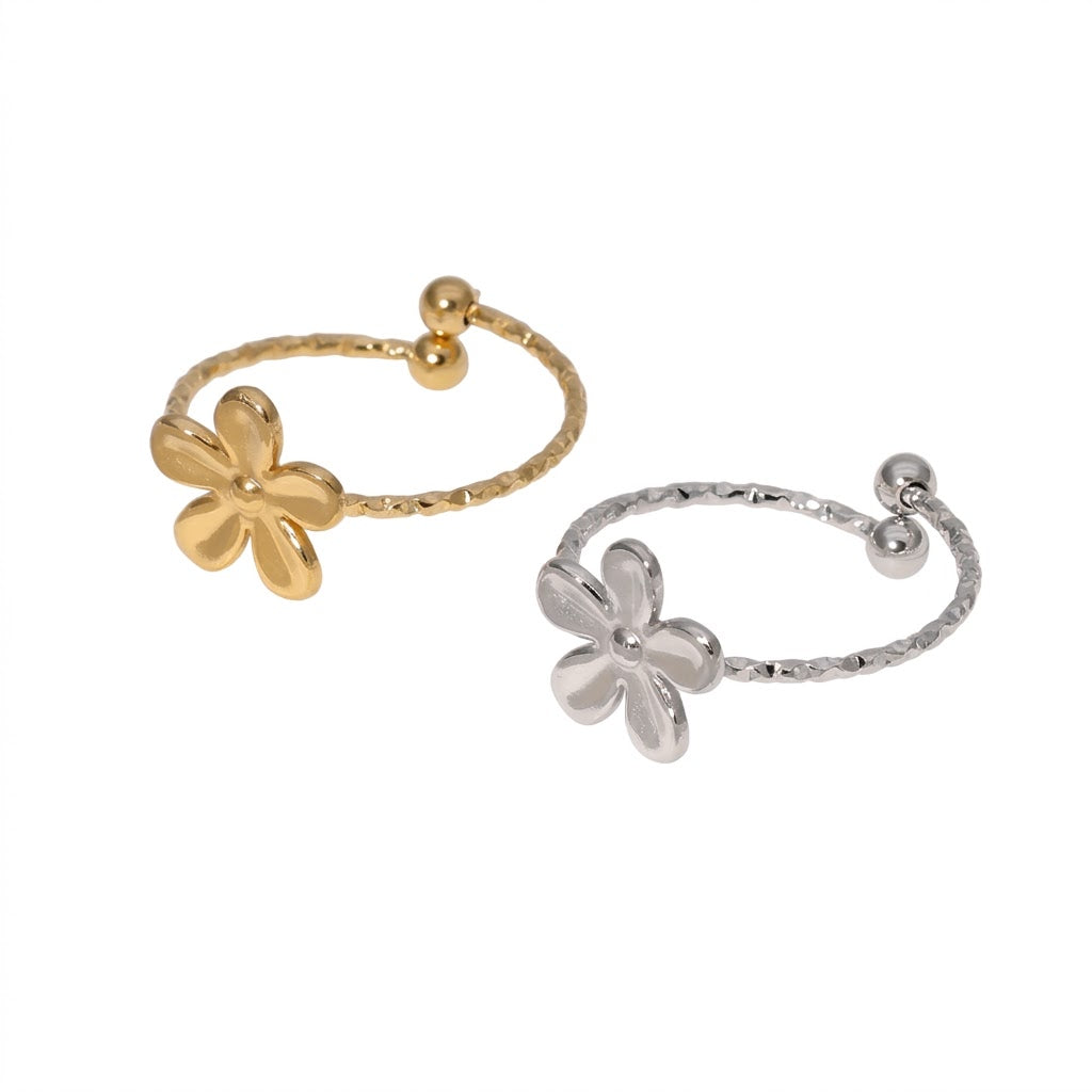 Textured open cuff floral band with flower motif stainless steel jewelry ring in waterproof 18k gold plated finish.