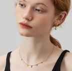 Vintage rainbow crystal dangle bead chain necklace in 18k gold plated 316l titanium steel jewelry