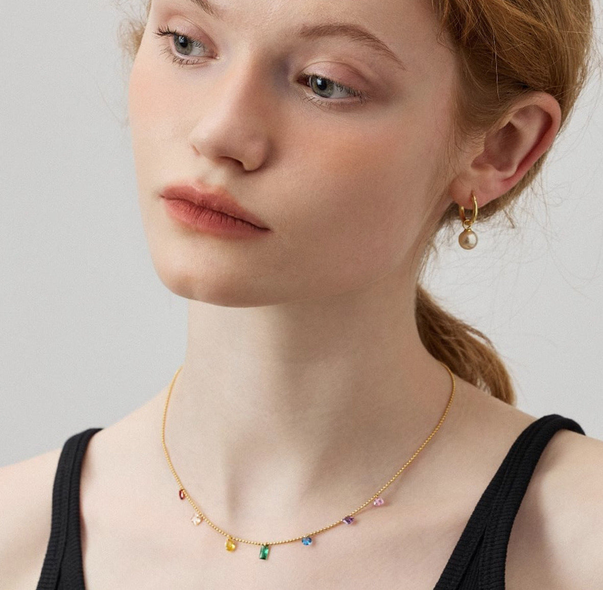 Vintage rainbow crystal dangle bead chain necklace in 18k gold plated 316l titanium steel jewelry