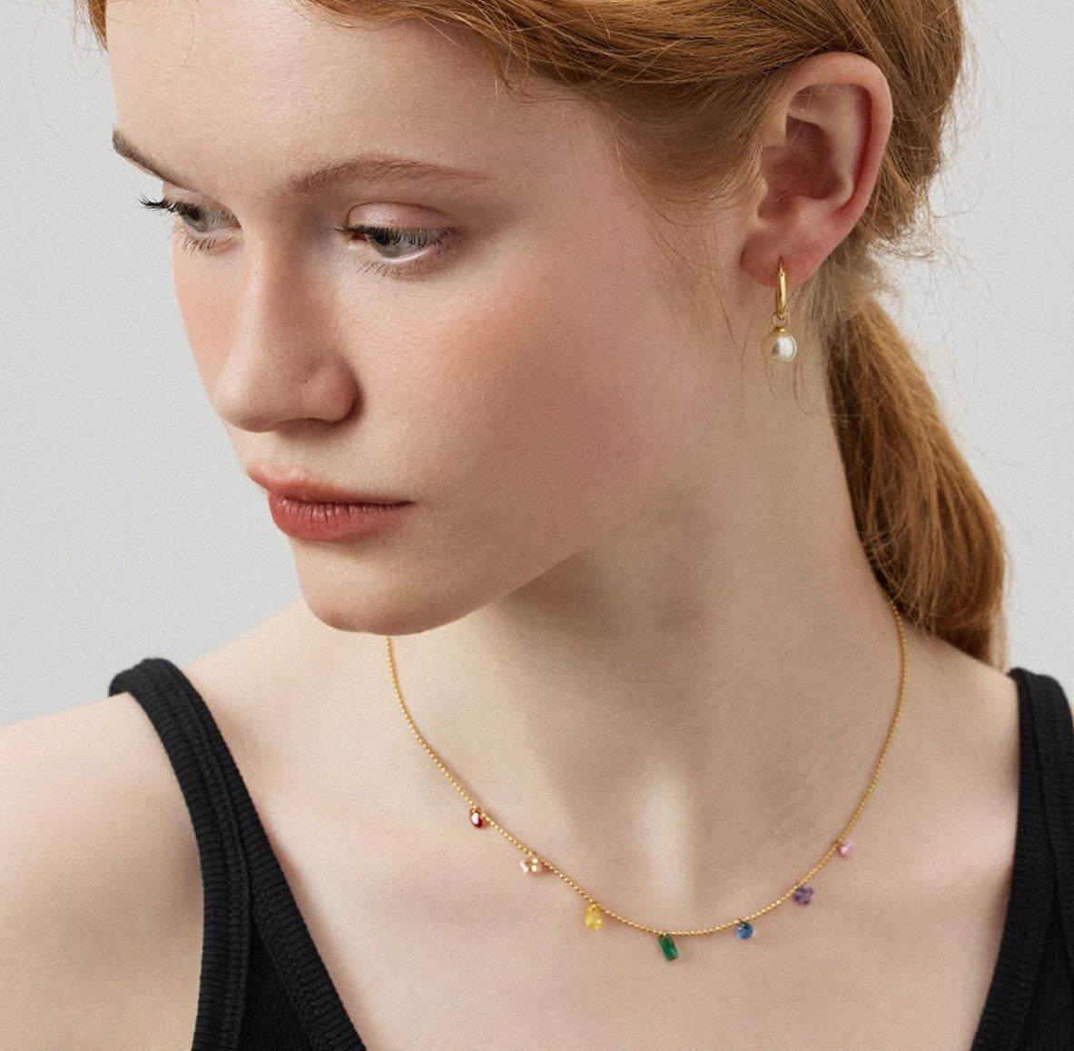 Vintage rainbow crystal dangle bead chain necklace in 18k gold plated 316l titanium steel jewelry