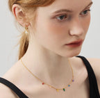 Vintage rainbow crystal dangle bead chain necklace in 18k gold plated 316l titanium steel jewelry