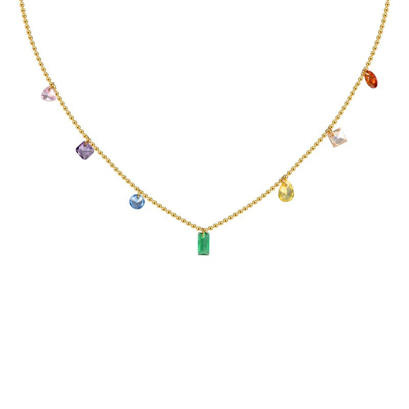 Vintage rainbow crystal dangle bead chain necklace in 18k gold plated 316l titanium steel jewelry