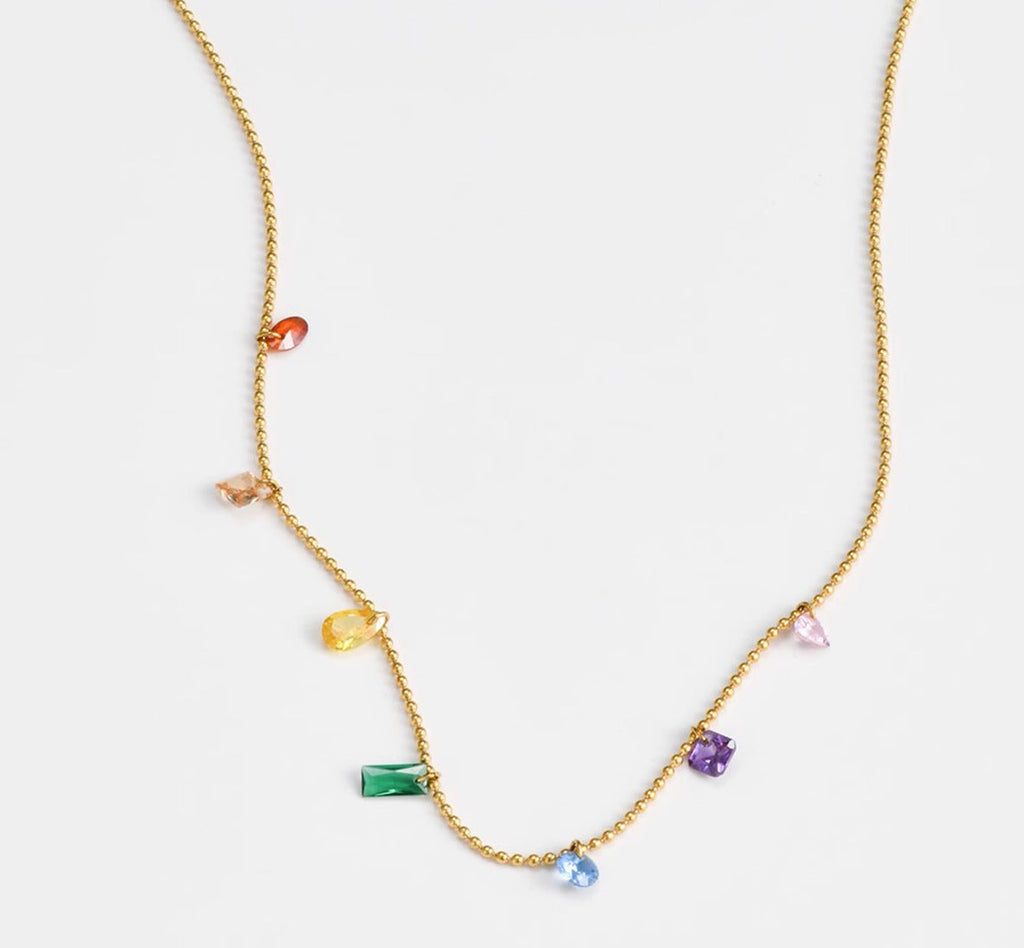 Vintage rainbow crystal dangle bead chain necklace in 18k gold plated 316l titanium steel jewelry