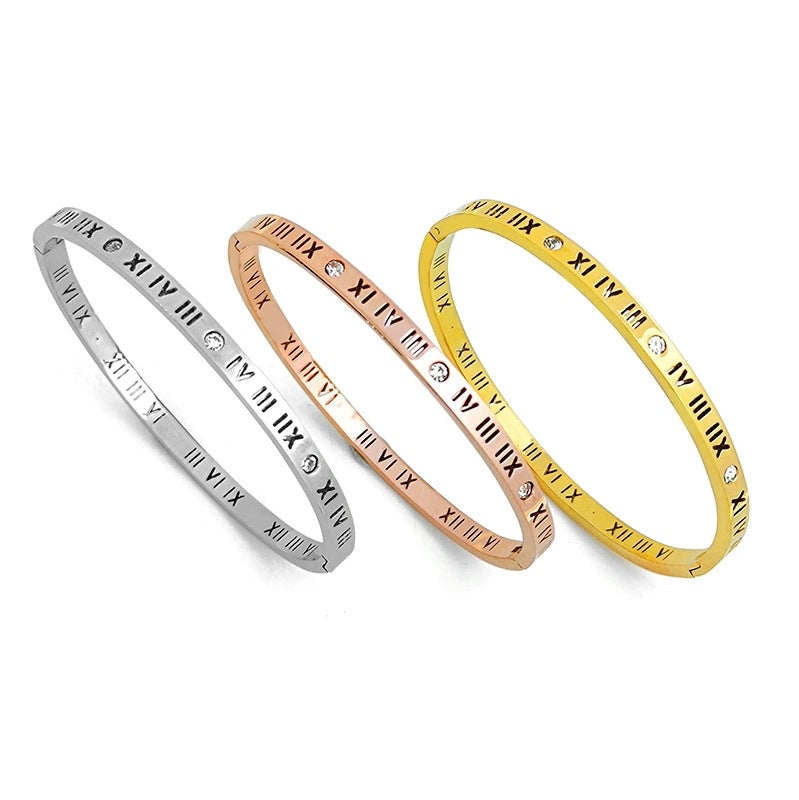 Vintage roman numeral engrave bangle with crystal accents in 18k gold plated titanium steel jewelry.