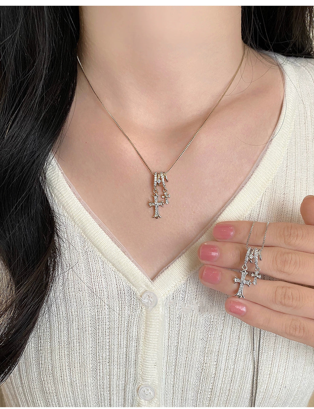 Waterproof stainless steel jewelry collection featuring champagne gold hypoallergenic gold plated double cross CZ pave pendant necklace.