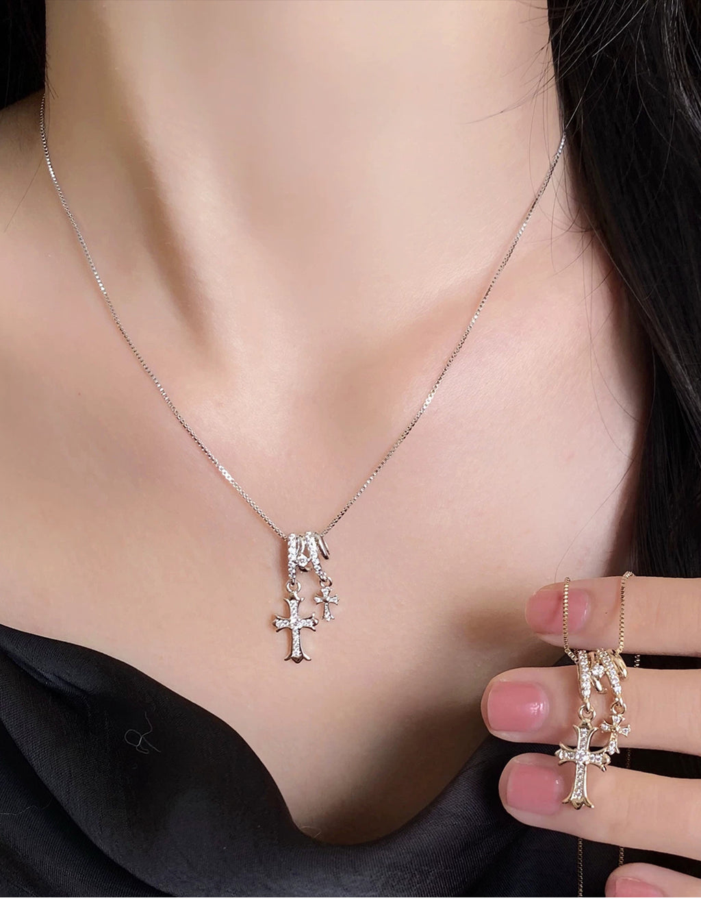 Waterproof stainless steel jewelry collection featuring champagne gold hypoallergenic gold plated double cross CZ pave pendant necklace.