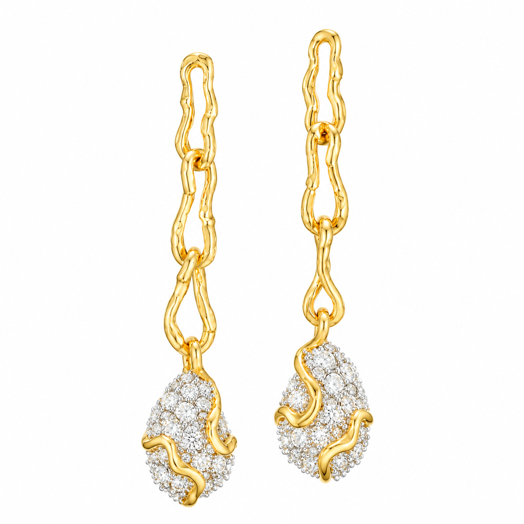 Waterproof stainless steel jewelry collection featuring hypoallergenic gold plated CZ pave teardrop long chain drop earrings with S925 posts