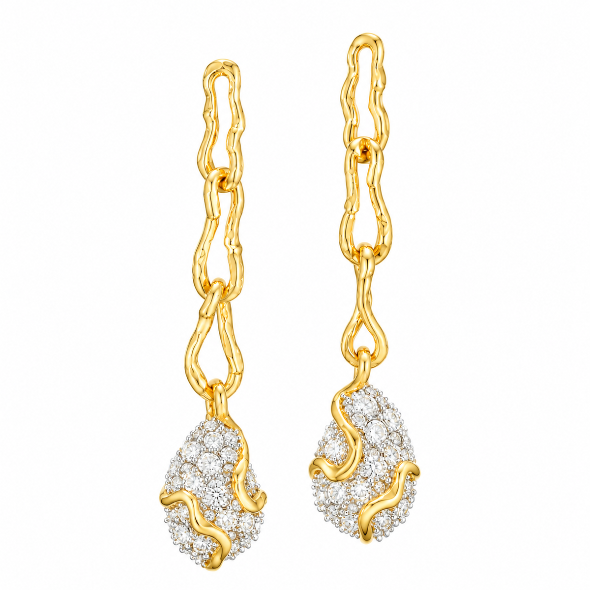Waterproof stainless steel jewelry collection featuring hypoallergenic gold plated CZ pave teardrop long chain drop earrings with S925 posts