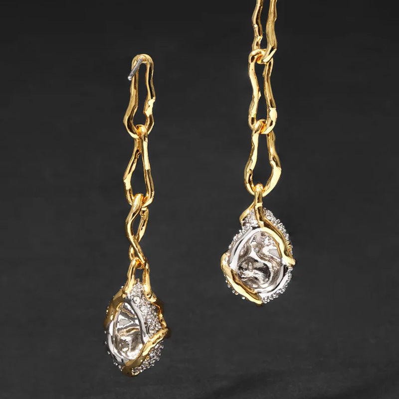 Waterproof stainless steel jewelry collection featuring hypoallergenic gold plated CZ pave teardrop long chain drop earrings with S925 posts