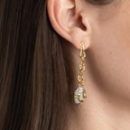 Waterproof stainless steel jewelry collection featuring hypoallergenic gold plated CZ pave teardrop long chain drop earrings with S925 posts
