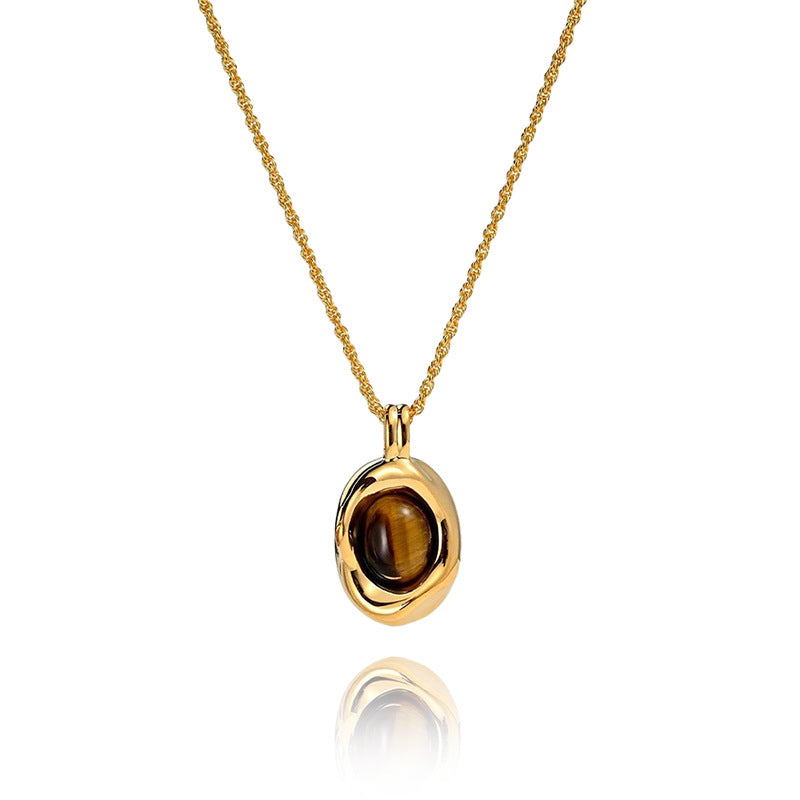 Waterproof stainless steel jewelry collection featuring hypoallergenic gold plated natural tiger eye pendant necklace and baroque pearl beaded necklace options