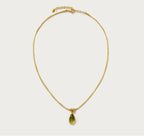 Waterproof stainless steel jewelry collection featuring hypoallergenic gold plated olive green glass teardrop pendant snake chain necklace.
