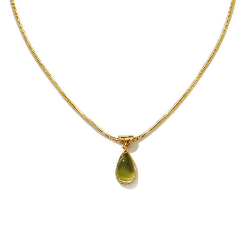 Waterproof stainless steel jewelry collection featuring hypoallergenic gold plated olive green glass teardrop pendant snake chain necklace.